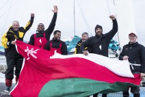 MOD70 Musandam Oman Sail calim line honours in multihull in the Volvo Round Ireland Race 2016