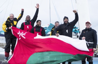 MOD70 Musandam Oman Sail calim line honours in multihull in the Volvo Round Ireland Race 2016